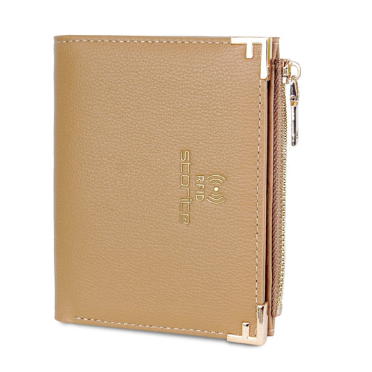 Storite RFID Bi-fold Wallet for Women Stylish 3 Credit Card Slots, 1 Visible ID Card Slot, a Cash Pocket, Foldable Ladies Wallets - Faux Leather Small Zipper Purse - Brown