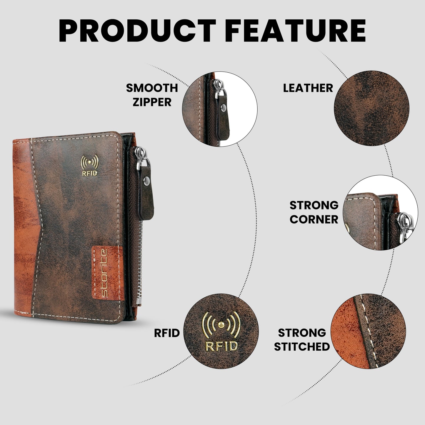 Storite RFID Blocking Men’s Bifold Zipper Wallet – Slim Wallet with Card Slots and Coin Pocket (Coffee)