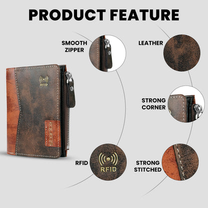 Storite RFID Blocking Men’s Bifold Zipper Wallet – Slim Wallet with Card Slots and Coin Pocket (Coffee)