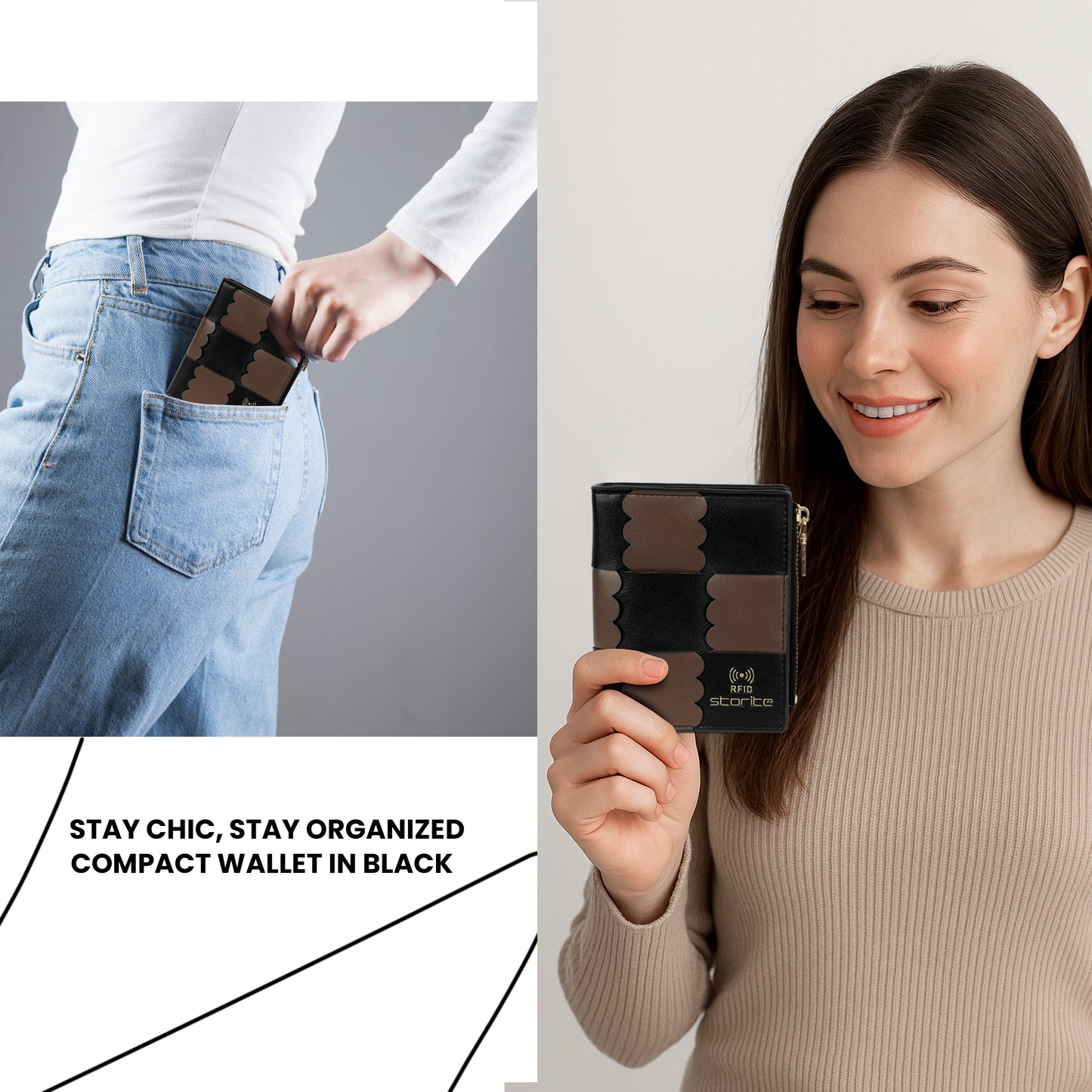 Storite RFID Women's Two-Fold Wallet | 3 Card Slots, 1 Zip Coin Pocket, 1 Visible ID Card Slot | Compact & Organized - Black