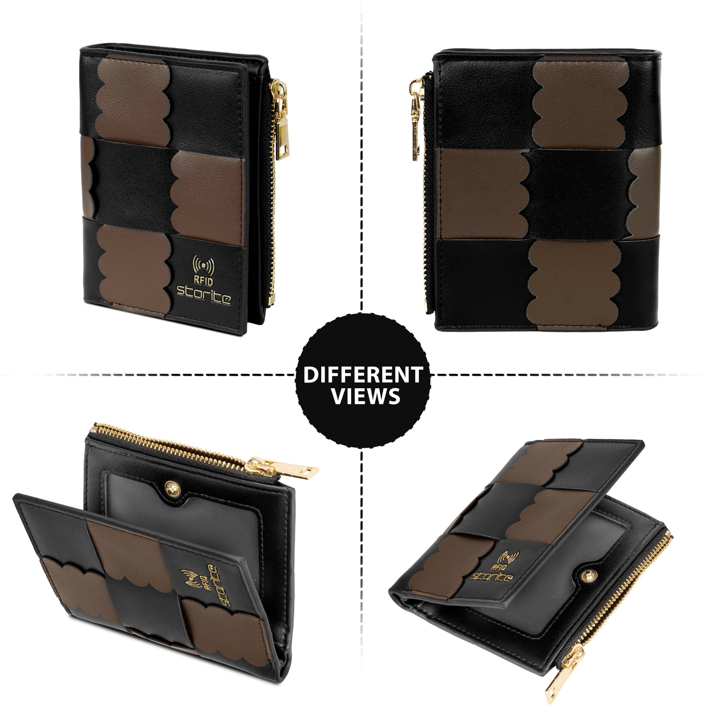 Storite RFID Women's Two-Fold Wallet | 3 Card Slots, 1 Zip Coin Pocket, 1 Visible ID Card Slot | Compact & Organized - Black