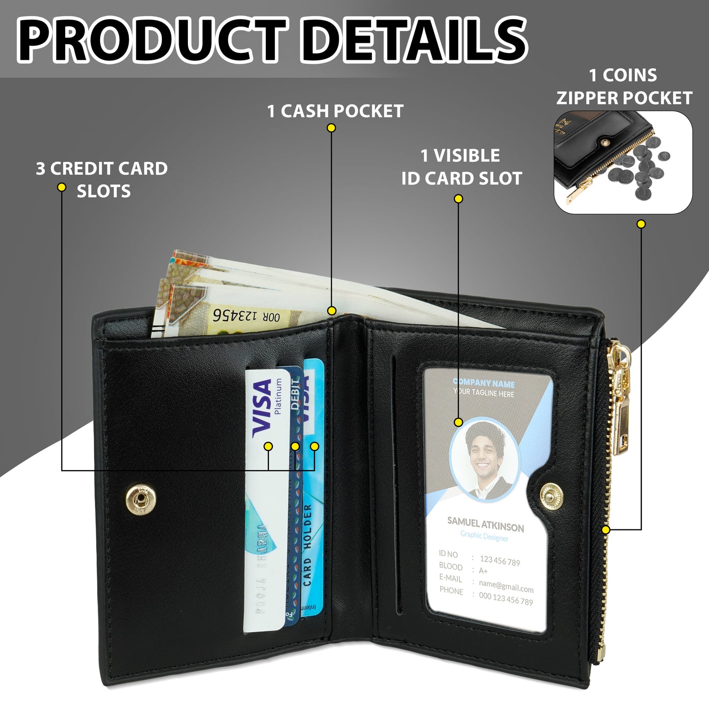 Storite RFID Women's Two-Fold Wallet | 3 Card Slots, 1 Zip Coin Pocket, 1 Visible ID Card Slot | Compact & Organized - Black