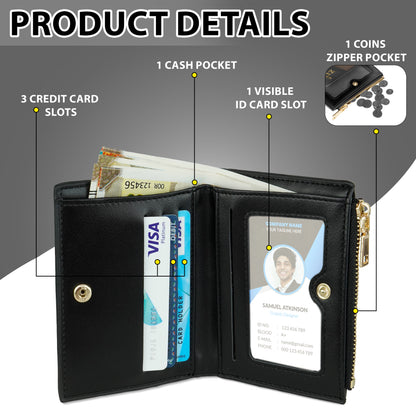Storite RFID Women's Two-Fold Wallet | 3 Card Slots, 1 Zip Coin Pocket, 1 Visible ID Card Slot | Compact & Organized - Black