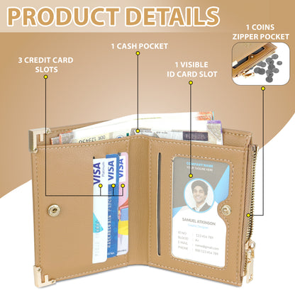 Storite RFID Bi-fold Wallet for Women Stylish 3 Credit Card Slots, 1 Visible ID Card Slot, a Cash Pocket, Foldable Ladies Wallets - Faux Leather Small Zipper Purse - Brown
