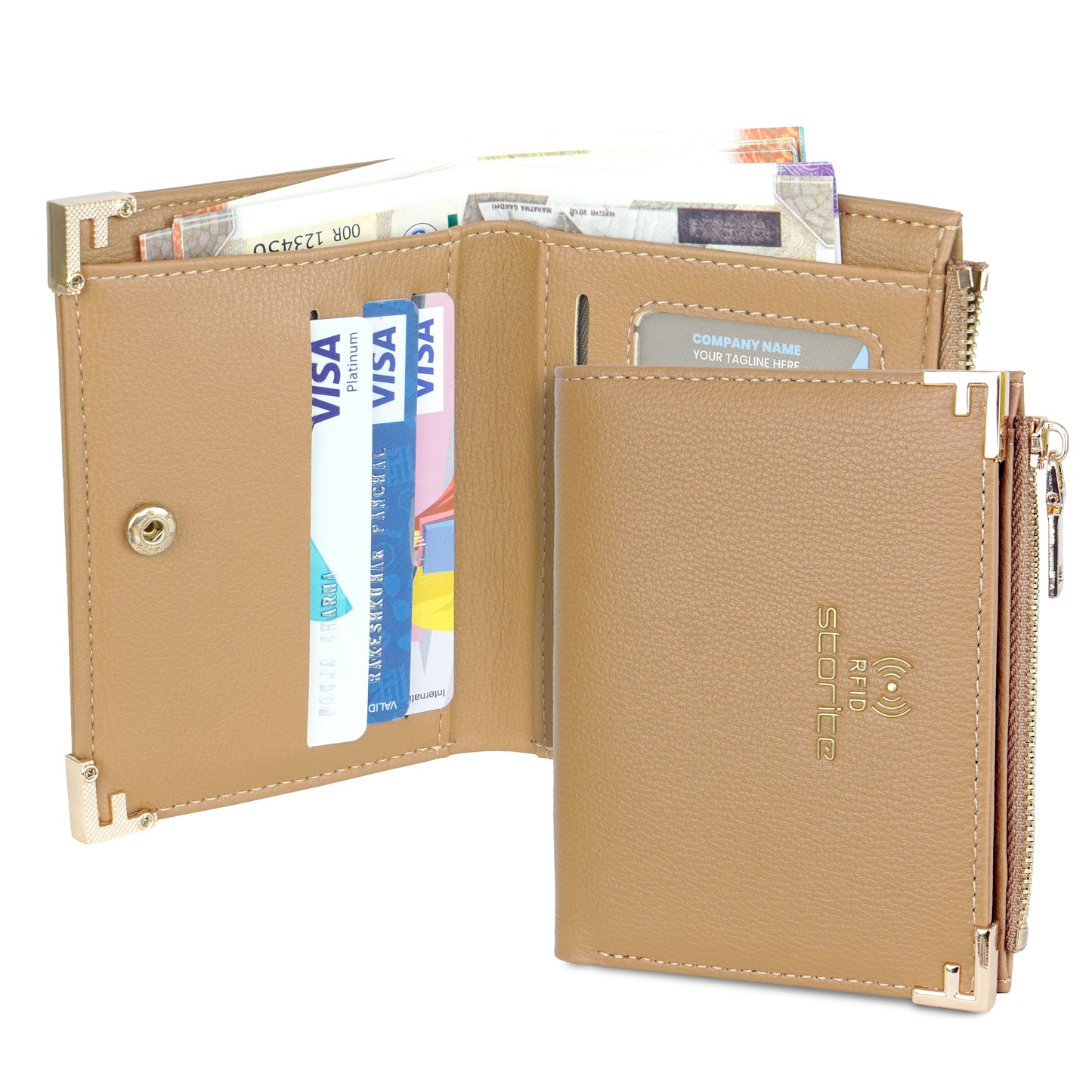 Storite RFID Bi-fold Wallet for Women Stylish 3 Credit Card Slots, 1 Visible ID Card Slot, a Cash Pocket, Foldable Ladies Wallets - Faux Leather Small Zipper Purse - Brown