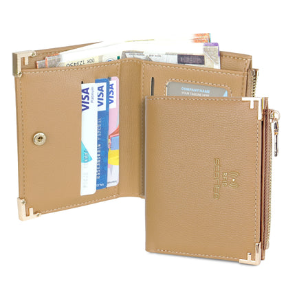 Storite RFID Bi-fold Wallet for Women Stylish 3 Credit Card Slots, 1 Visible ID Card Slot, a Cash Pocket, Foldable Ladies Wallets - Faux Leather Small Zipper Purse - Brown