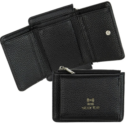 Storite Zipper Wallet for Women with RFID Protection – Elegant & Compact Design & Easy to Fit in Pocket,5 Card Slots,1 ID Window Mini Purse Money Pocket with Button Closure - Black