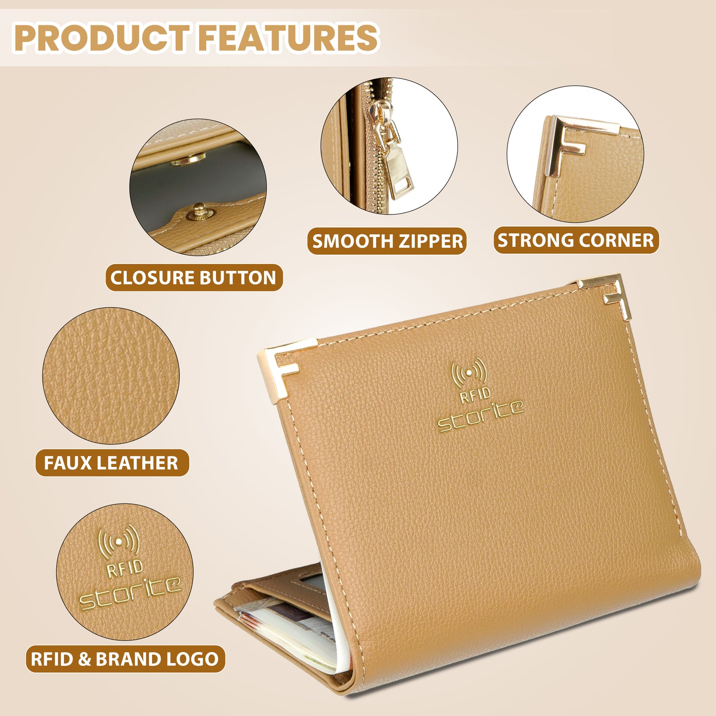 Storite RFID Bi-fold Wallet for Women Stylish 3 Credit Card Slots, 1 Visible ID Card Slot, a Cash Pocket, Foldable Ladies Wallets - Faux Leather Small Zipper Purse - Brown