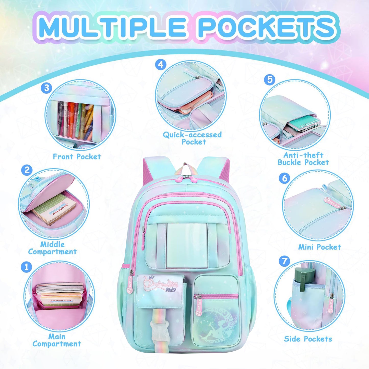 Storite School Backpacks for Girls Stylish Bags for Kids 7-12 Years Old Cartoon Water Resistant Backpack Durable Burden Relief School Bag Birthday Gift-Sky blue