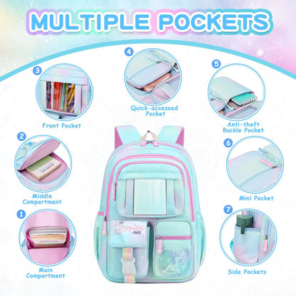 Storite School Backpacks for Girls Stylish Bags for Kids 7-12 Years Old Cartoon Water Resistant Backpack Durable Burden Relief School Bag Birthday Gift-Sky blue