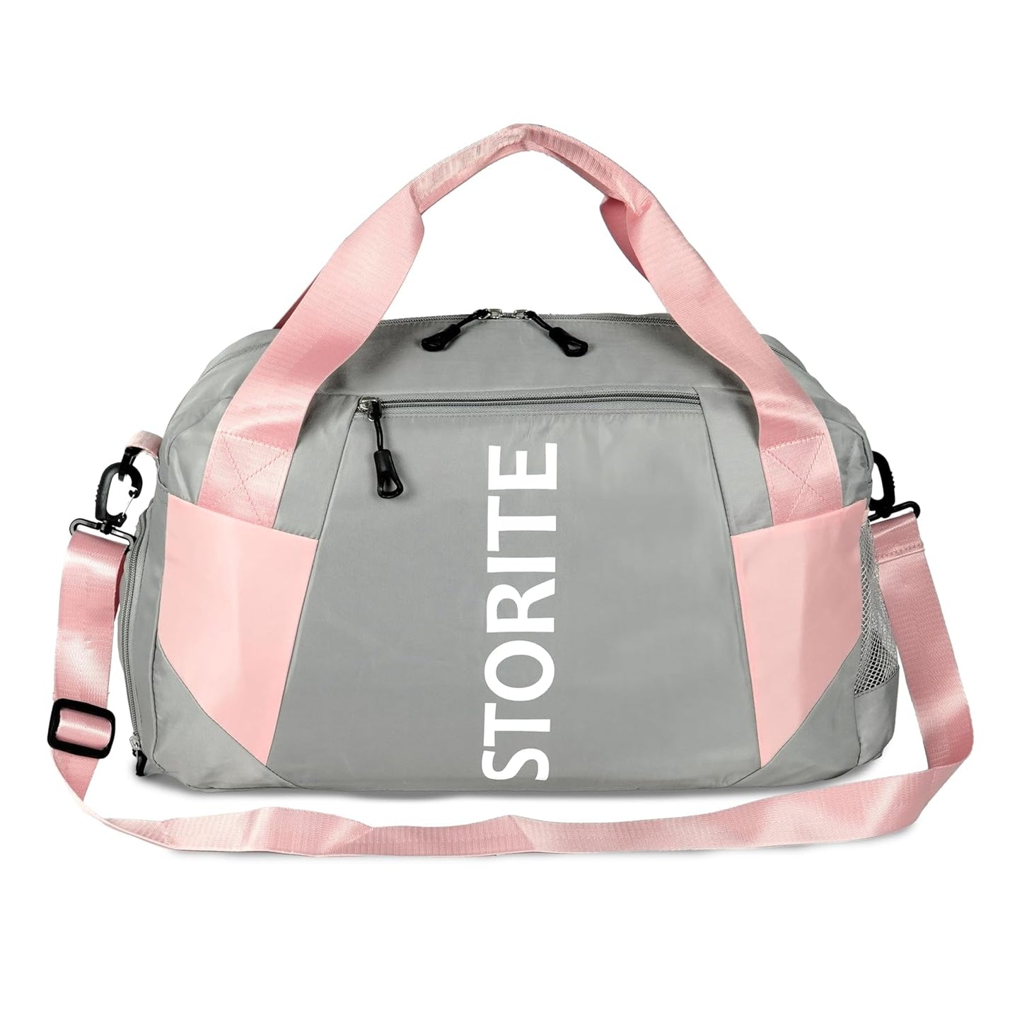 Storite 47 CM Nylon Travel Duffle Bag for Men & Women with Wet Pocket & Shoe Compartment - Light Grey/Pink