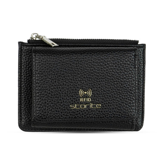 Storite Zipper Wallet for Women with RFID Protection – Elegant & Compact Design & Easy to Fit in Pocket,5 Card Slots,1 ID Window Mini Purse Money Pocket with Button Closure - Black