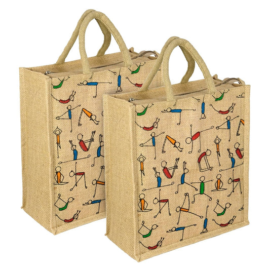 Storite Pack of 2 Eco-Friendly Jute Bags with Yoga Print - Reusable Grocery, Shopping, and Lunch Bags with Sturdy Handle and Zipper Lock