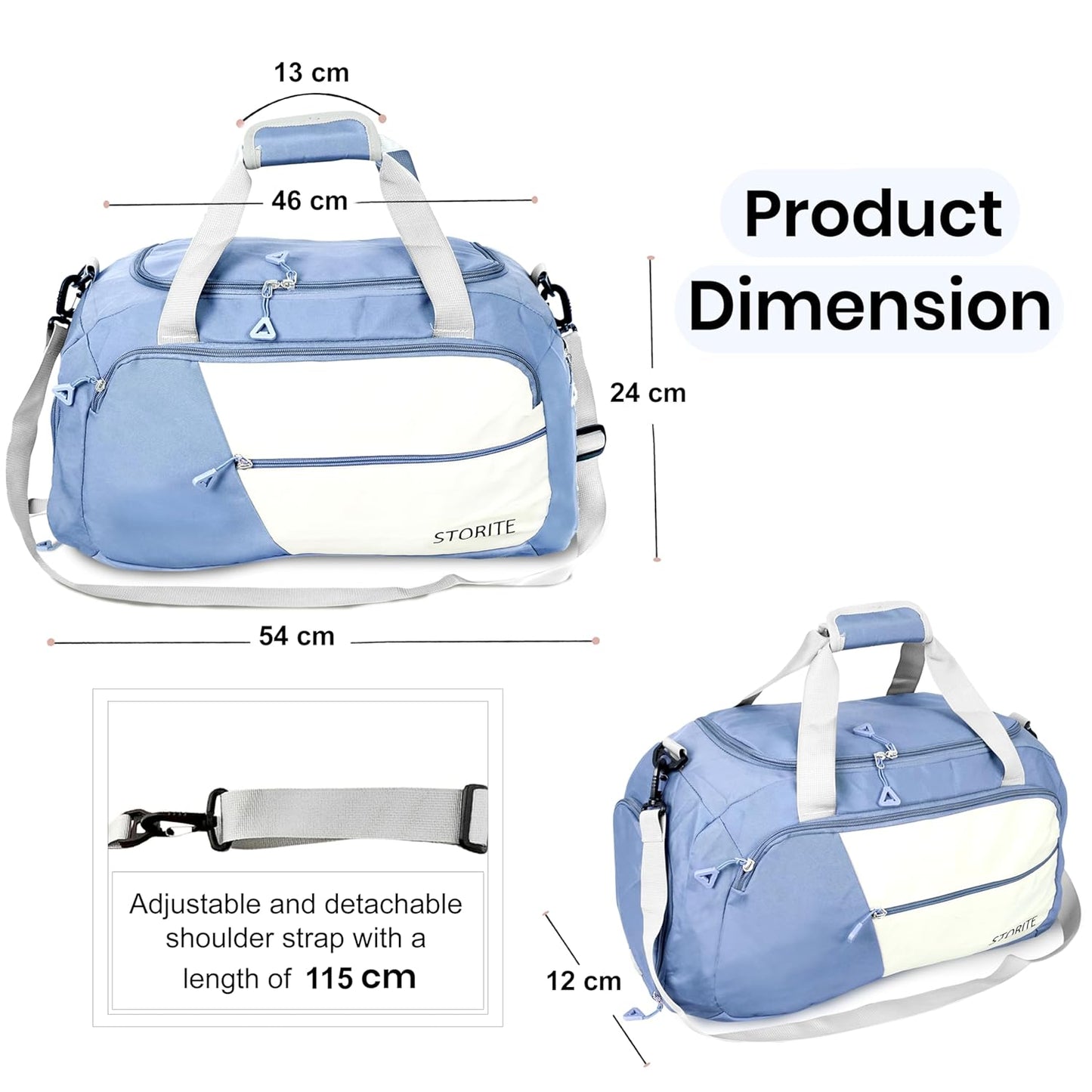 Storite 54cm Nylon Travel Duffle Bag with Shoe Compartment - Blue