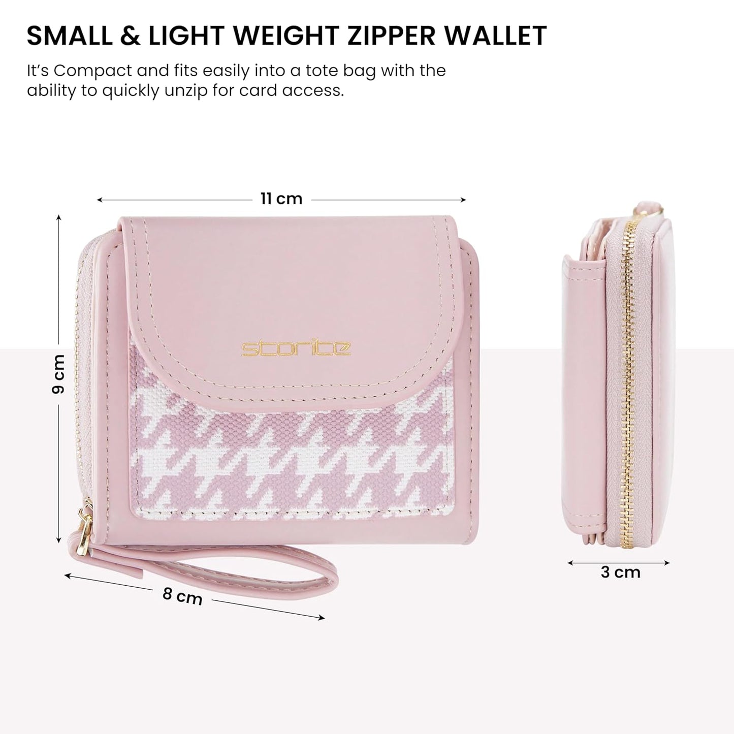 Storite Women's Compact Leather Wallet - Slim Mini Purse with Zipper Closure - Pink