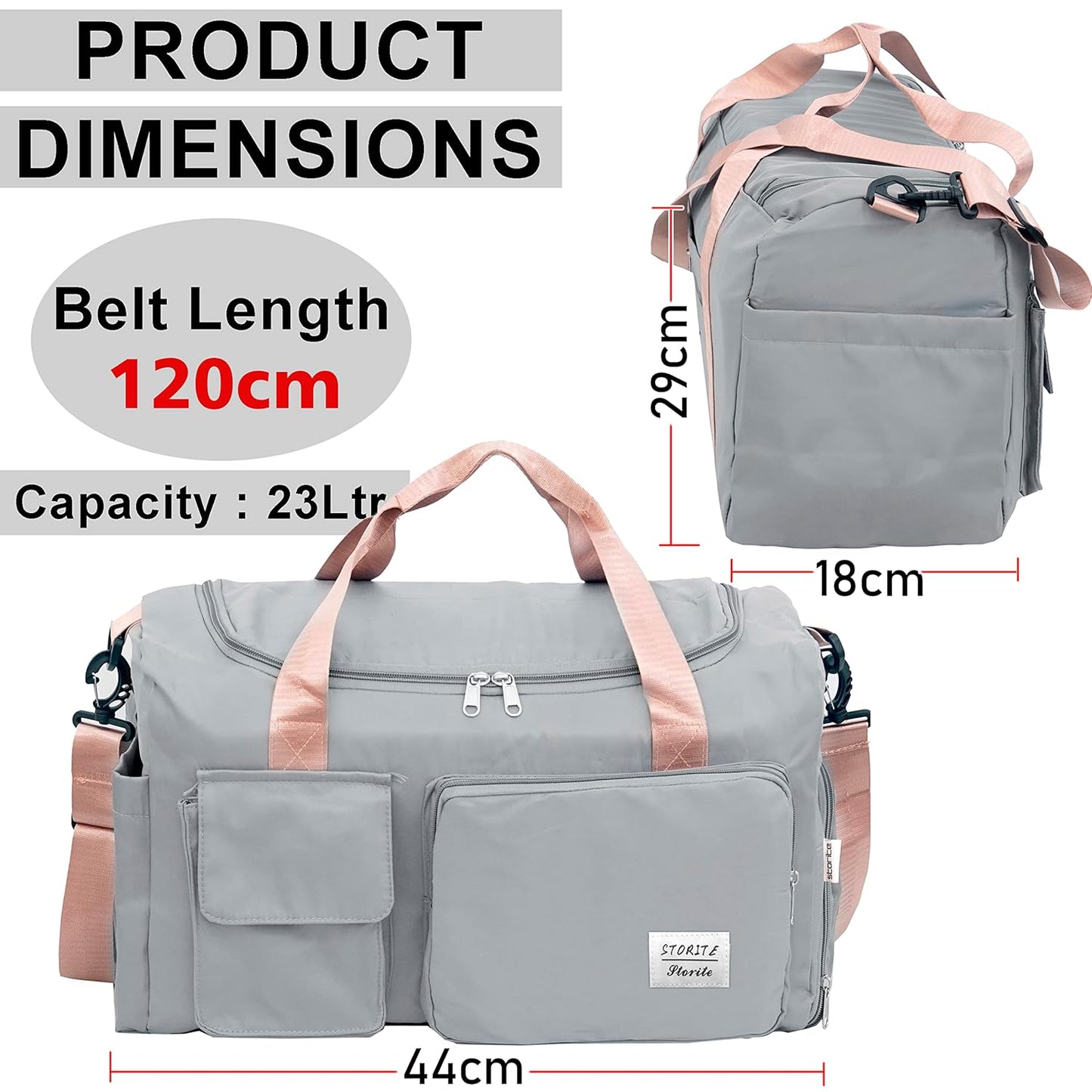 Storite 44 cm Grey Nylon Travel Duffle Bag - Sports Gym Bag with Wet Pocket & Shoe Compartment