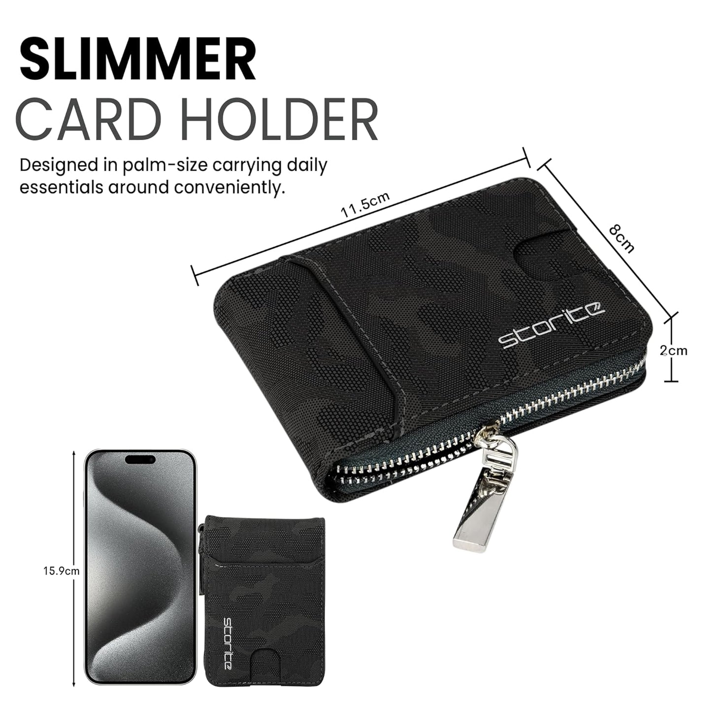 Storite PU Leather 9-Slot Card Holder & Zipper Coin Purse - Black