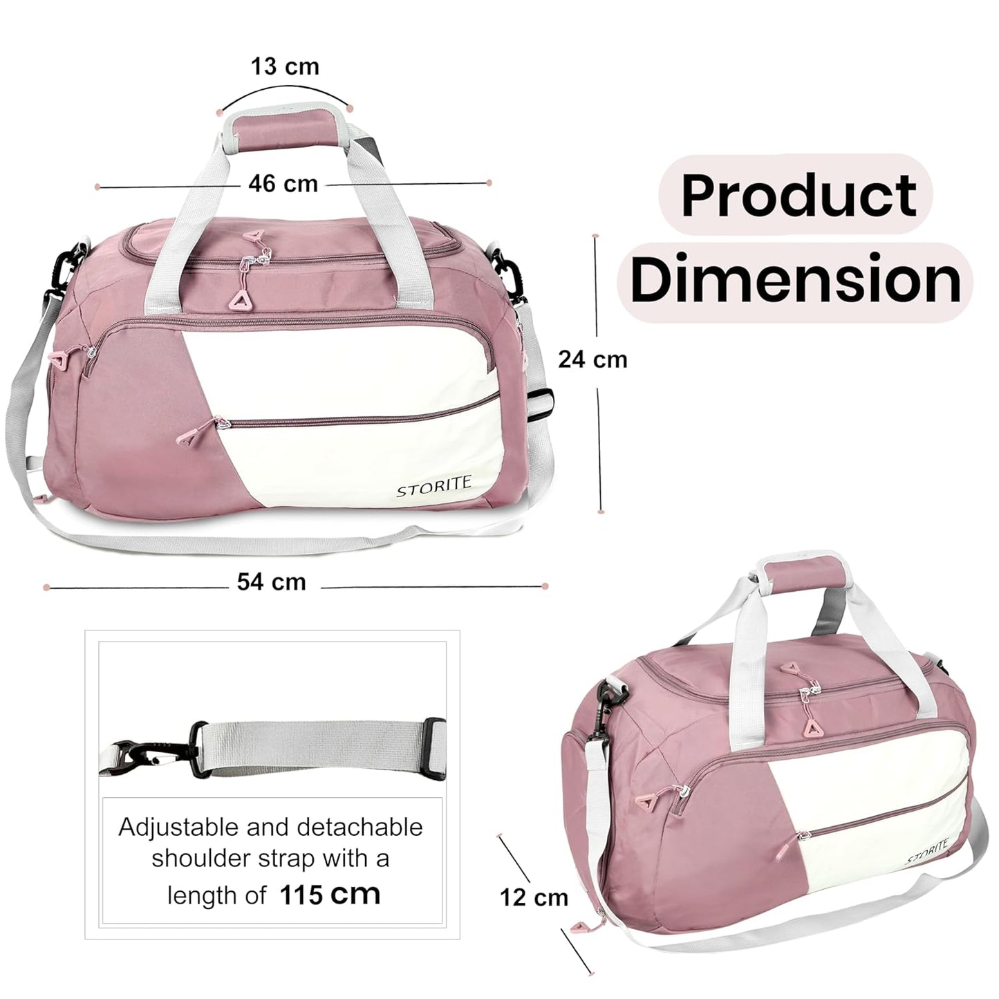 Storite 54cm Nylon Waterproof Travel Duffle Bag with Shoe Compartment - Deep Pink