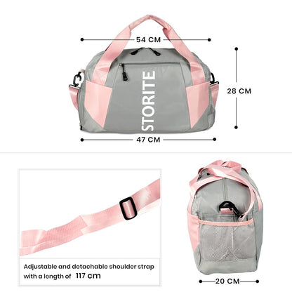 Storite 47 CM Nylon Travel Duffle Bag for Men & Women with Wet Pocket & Shoe Compartment - Light Grey/Pink