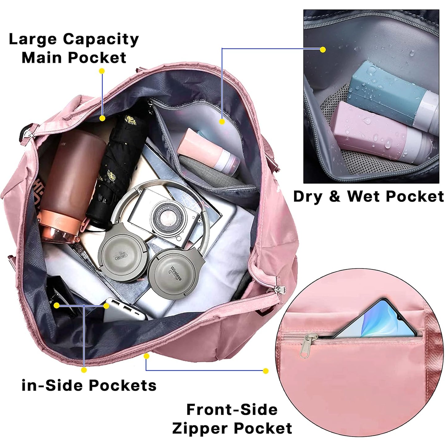 Storite 50cm Nylon Travel Duffle Bag for Women with Wet Pocket - Pink