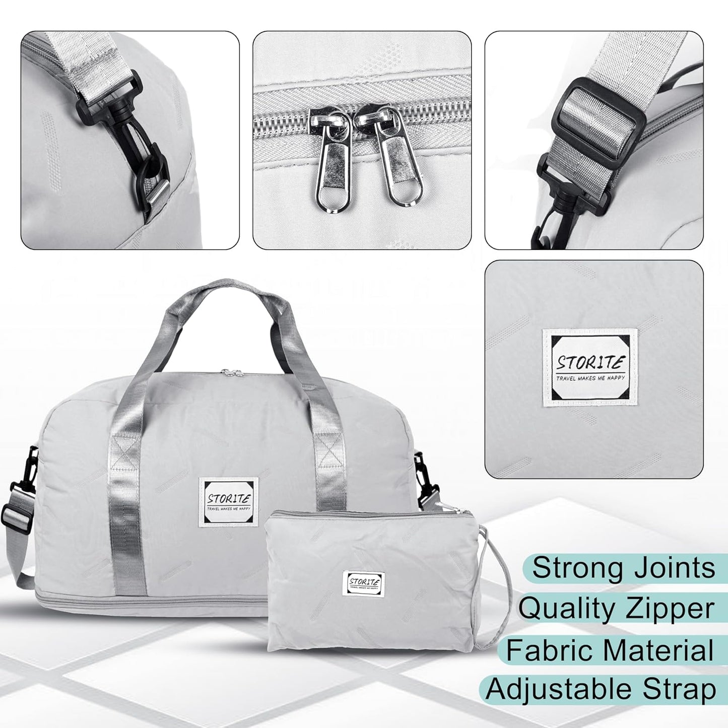 Storite Nylon 47 Cm Imported Travel Duffel Bag for Women with Pouch, Stylish Travel Overnight Bag with Wet Pocket Waterproof Luggage Bag - Grey