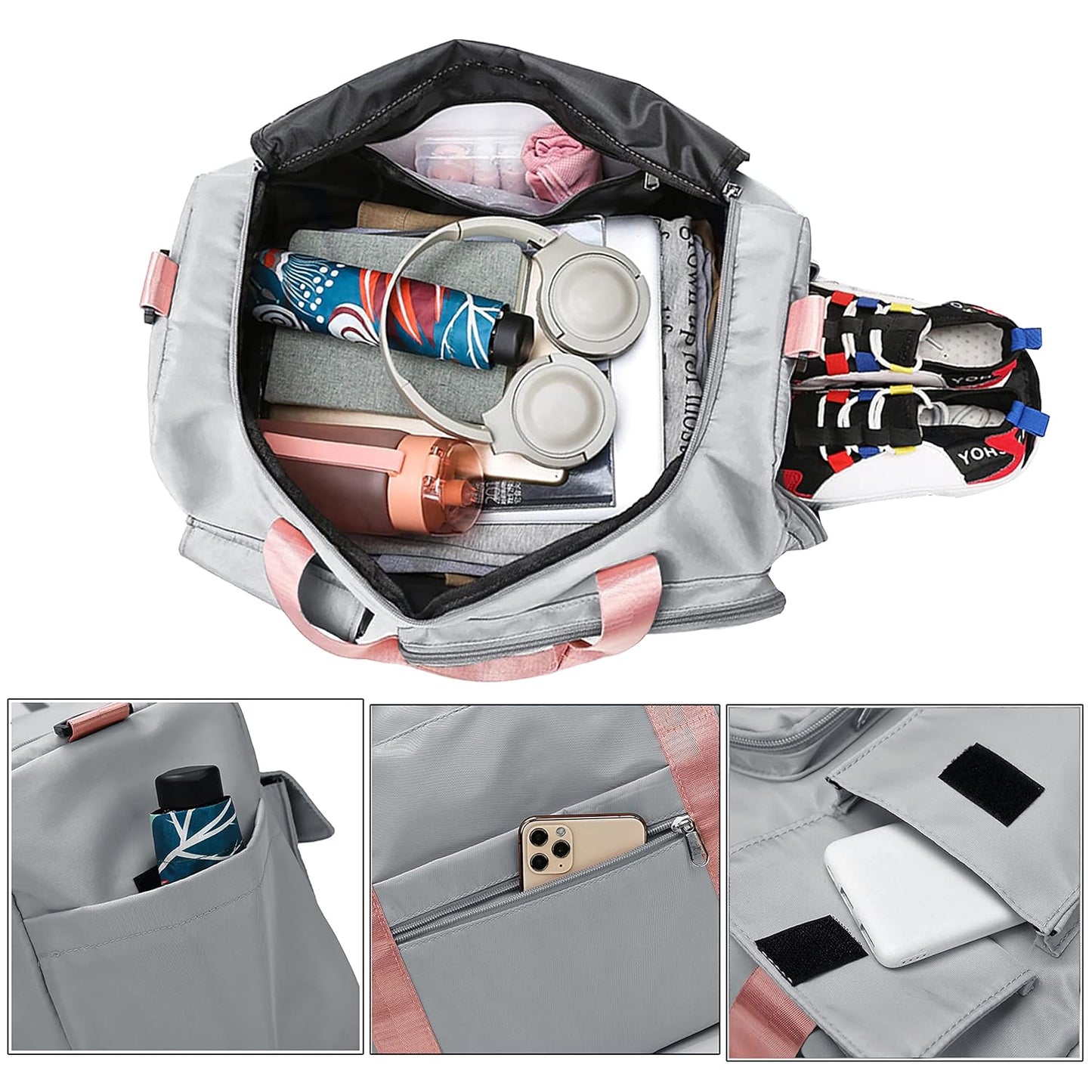 Storite 44 cm Grey Nylon Travel Duffle Bag - Sports Gym Bag with Wet Pocket & Shoe Compartment