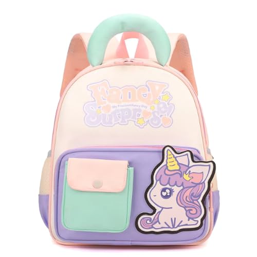 Storite Fancy Unicorn Kids Backpack – Lightweight & Comfortable School Bag for Girls, Suitable for Preschool & Primary Classes (Ages 3-8) - Purple & Cream