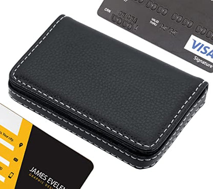 Storite Stitched PU Leather Credit Debit ATM Card Holder Visiting Business Card Case Wallet with Magnetic Shut for Men & Women (Black, 10 x 6 x1.4 cm)