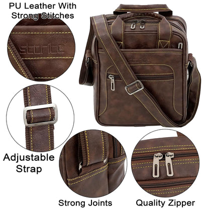 Storite Large PU Leather Sling Crossbody Messenger Bag for Men & Women (6 Pockets) - Brown