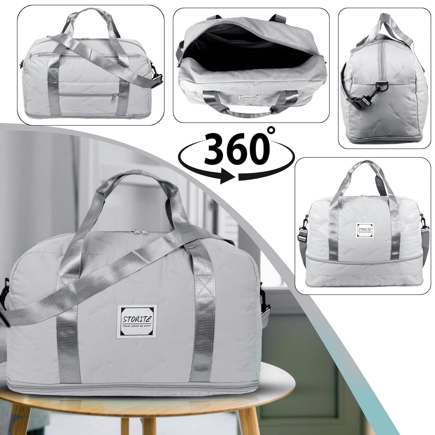 Storite Nylon 47 Cm Imported Travel Duffel Bag for Women with Pouch, Stylish Travel Overnight Bag with Wet Pocket Waterproof Luggage Bag - Grey