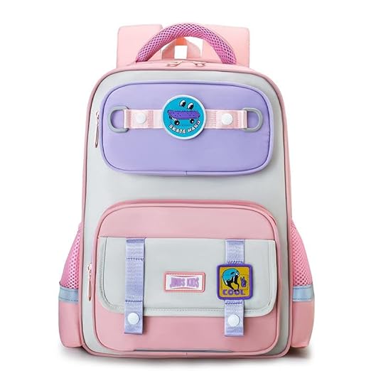 Storite Skateboard Theme School Backpack – Lightweight & Durable Bag with Cartoon Patches, Suitable for Class 5–8 Students – Pink Beige & Lilac