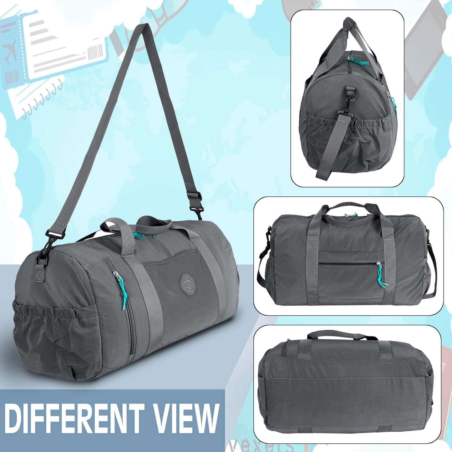 Storite Nylon Travel Duffle Bag, Lightweight Expandable Gym Weekend Bag - Grey, 47 x 25 x 30 cm