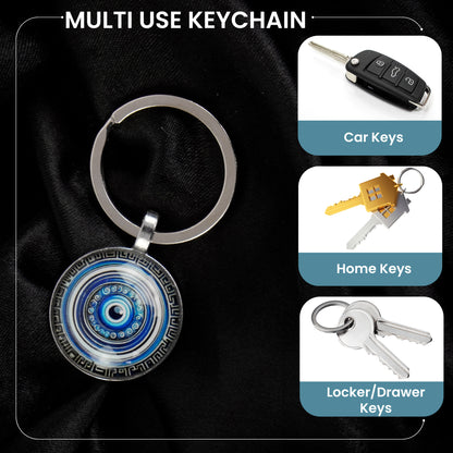 Storite Blue and Silver Color Round Evil Eye Keychain For Bike/Car Gifting With Key Ring Anti-Rust (Pack Of 1)