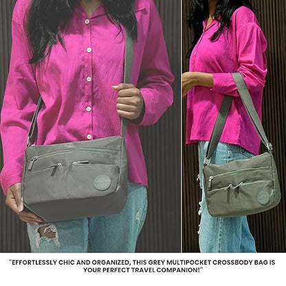 Storite Multipocket Crossbody Bag for Women Lightweight Small Travel Bag Shoulder Purses and Handbags with Multi Zipper Pockets - Grey (25x19x11 cm)