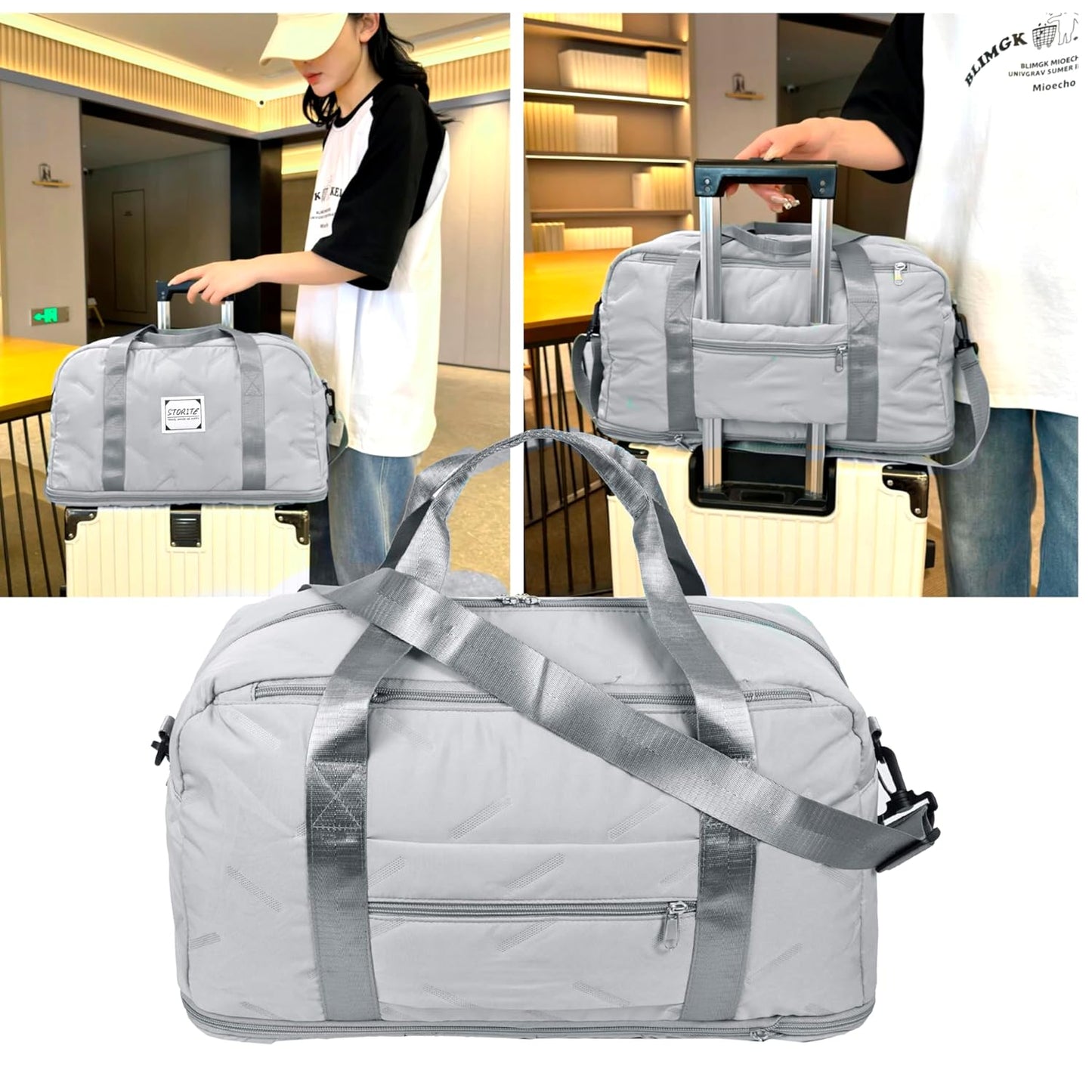 Storite Nylon 47 Cm Imported Travel Duffel Bag for Women with Pouch, Stylish Travel Overnight Bag with Wet Pocket Waterproof Luggage Bag - Grey