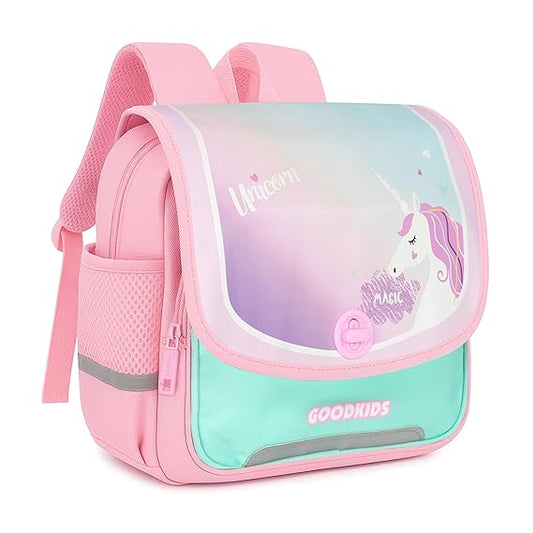 Storite Unicorn Kids Backpack - Rectangular Shape School Bag with Pastel Color theme, Flap & Rotating Lock, Tablet Compartment & Padded Back | Ideal for Class 1–5 Students (Pastel Pink)