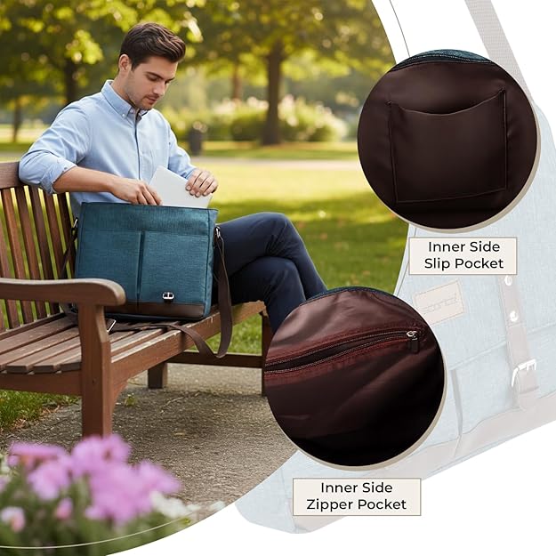 Storite Laptop Messenger Bag for Men & Women – Water-Resistant Office Shoulder Bag with Multiple Pockets, Adjustable Strap & Leatherette Detailing - Dark Teal