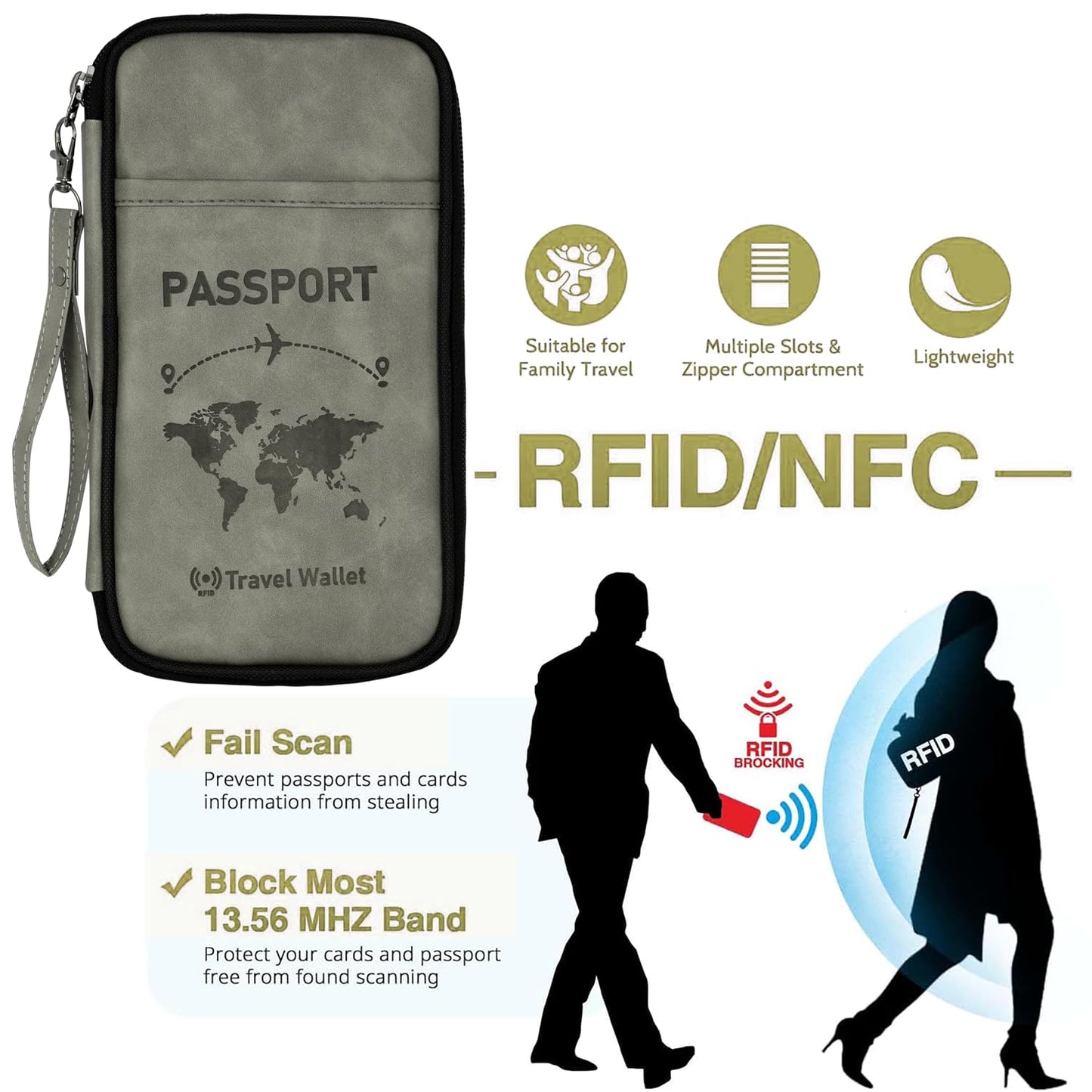 Storite RFID Blocking PU Leather Passport Holder & Travel Wallet with Hand Strap - Grey