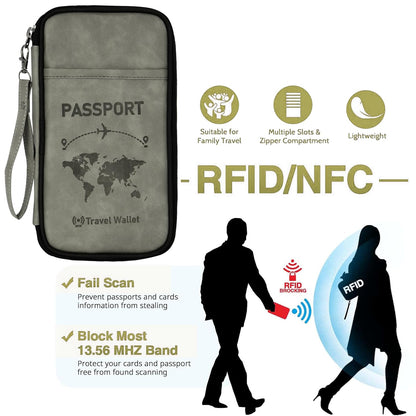 Storite RFID Blocking PU Leather Passport Holder & Travel Wallet with Hand Strap - Grey