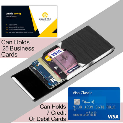 Storite Vertical Wooden Texture Card Holder, PU Leather and Stainless Steel Credit Card Wallet, Business Card Holder for Men and Women (Black -9 x 1 x 6 Cm)