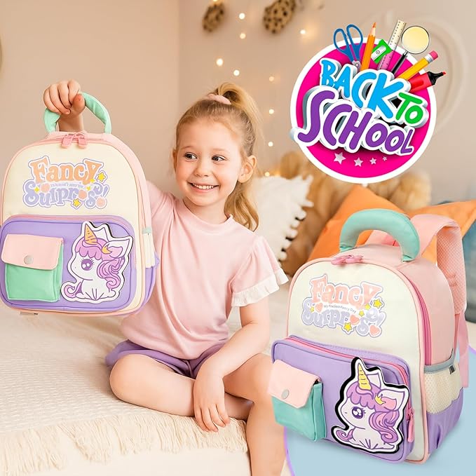 Storite Fancy Unicorn Kids Backpack – Lightweight and Comfortable School Bag for Girls, Suitable for Preschool and Primary Classes (Ages 3-8) - Purple and Cream