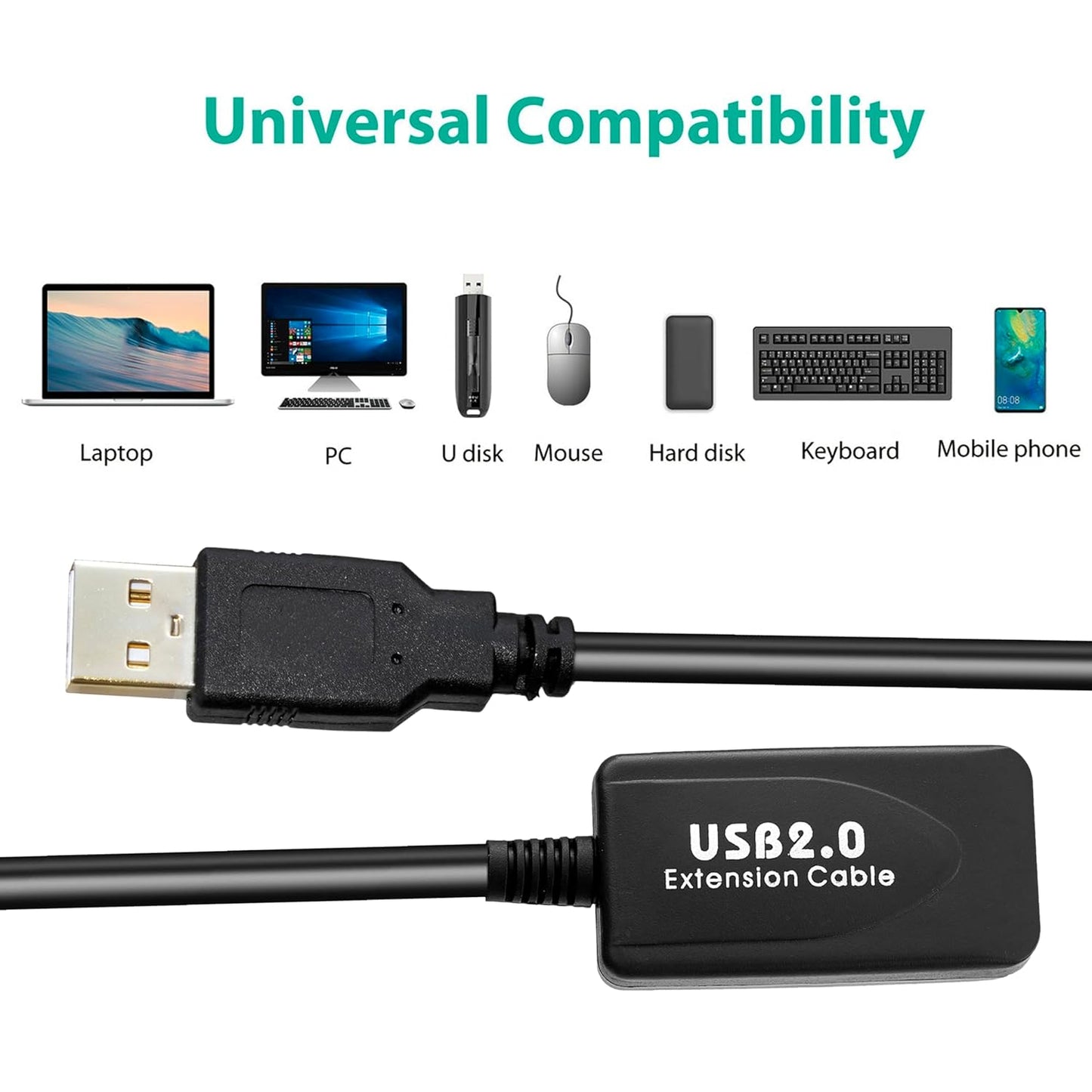Storite 10 M Active USB 2.0 Male to Female Active Extension/Repeater Cable, Data Transfer Cord Compatible with Printer, Camera, Webcam - Black