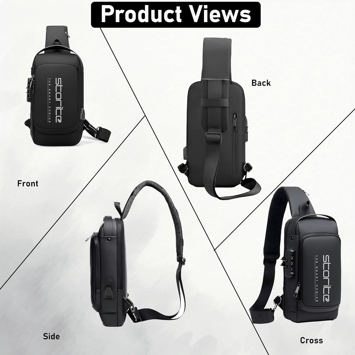 Storite Sling Bag for Men Stylish Crossbody Backpack for Men & Women, Anti-Theft Chest Bag with USB Charging Port, Messenger Bags, Casual Shoulder Bag (Black - 17 x 9 x 32 Cm)
