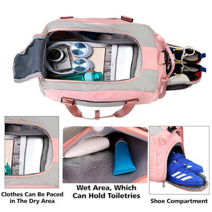Storite Nylon 46 Cm Multi Purpose Travel Duffle Bag With Dry And Wet Separate Pocket, Lightweight Waterproof Backpack Carry Luggage Bag With Shoe Compartment (Pinkgrey, 46X27X24 Cm), 25 Centimeters Visit the Storite Store