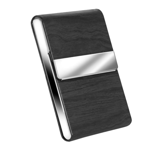 Storite Vertical Wooden Texture Card Holder, PU Leather and Stainless Steel Credit Card Wallet, Business Card Holder for Men and Women (Black -9 x 1 x 6 Cm)