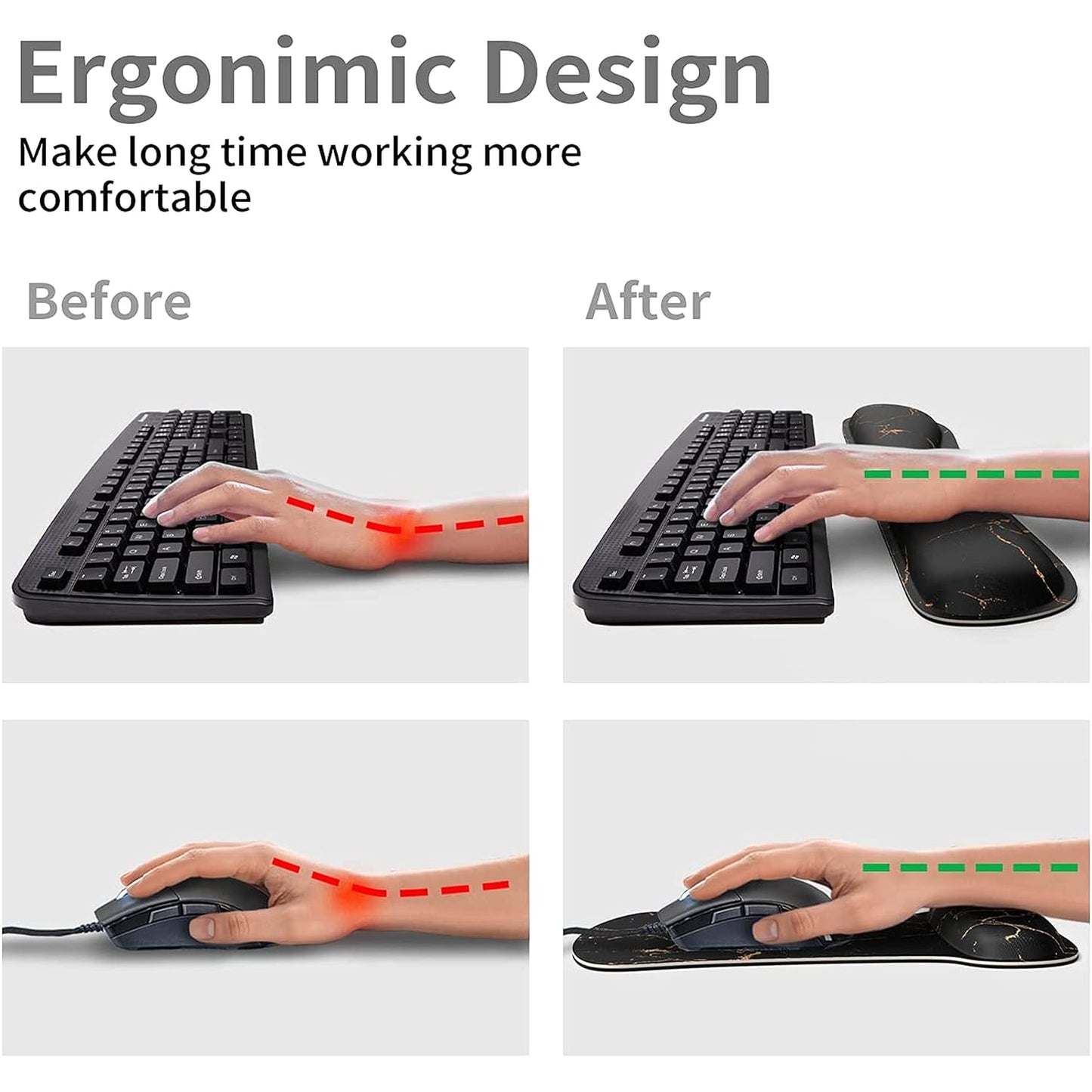 Storite 2in1 Mouse Pad with Wrist Support and Keyboard Wrist Rest Support with Non Slip Rubber Base Set for Computer Laptop Mac, Easy Typing & Pain Relief (Marble Black)