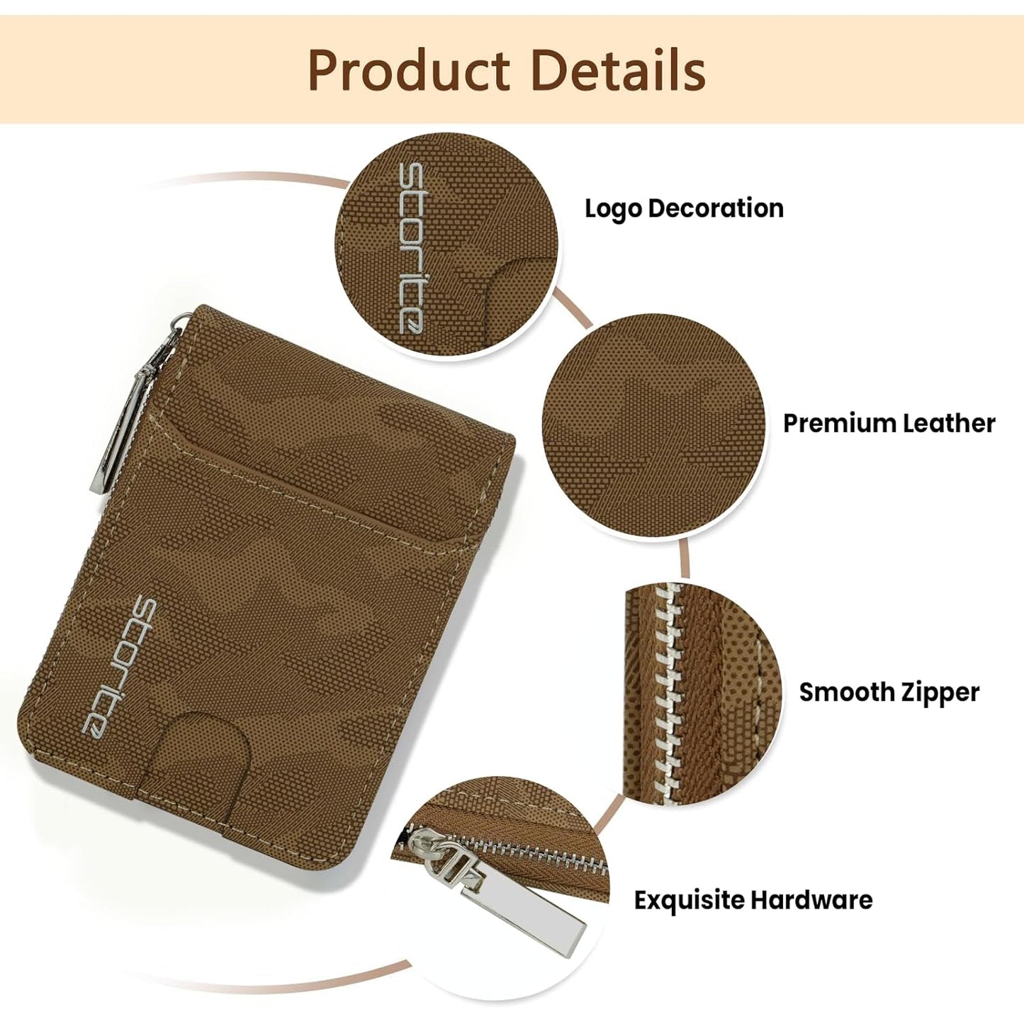 Storite PU Leather 9-Slot Card Holder & Zipper Coin Purse - Light Brown