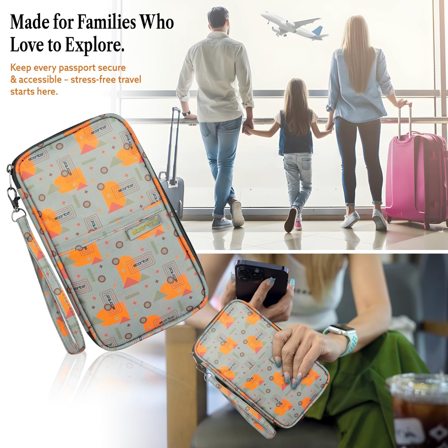 Storite Nylon Geometric Design Travel Passport Holder Wallet Passport Cover Travel Accessories Passport Holder Organizer for Men Women(Orange/Grey - 13 x 3 x 23 cm)