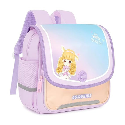 Storite Cute Cartoon Girl Kids Backpack - Rectangular Shape School Bag with Pastel Color theme, Flap & Rotating Lock, Tablet Compartment & Padded Back | Ideal for Class 1–5 Students (Lavender)