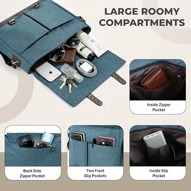 Storite Laptop Messenger Bag for Men & Women – Water-Resistant Office Shoulder Bag with Multiple Pockets, Adjustable Strap & Leatherette Detailing - Dark Teal